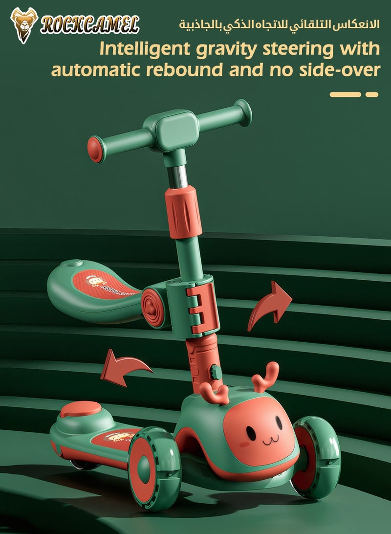 ROCKCAMEL 2 in 1 Kids Kick Scooter, Foldable Scooter with LED Lighted Wheels and 4-Level Adjustable Height Handlebars, Widen Anti-Slip Deck, Sensitive Brakes, Kids Toys for Boys & Girls Ages 1-12, Green - Image 3